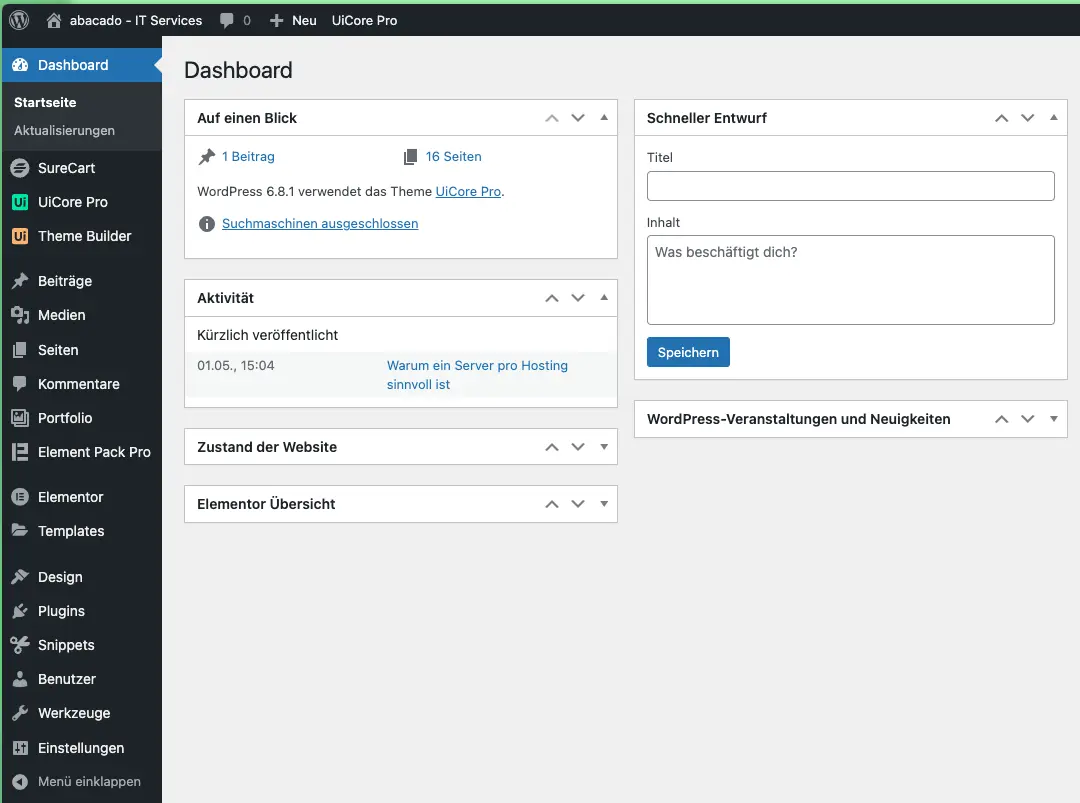 Die WordPress-Administratons-Startseite. abacado unterstützt Sie bei der WordPress-Administration