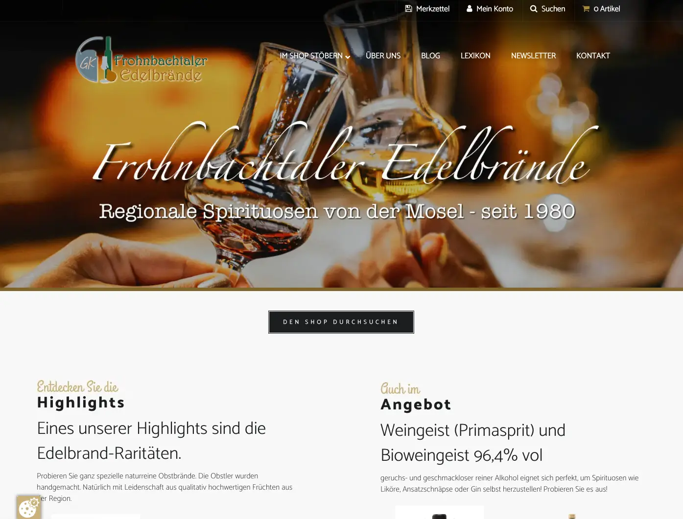 Der Webshop von Frohnbachtaler-Edelbrände. Designed und gewartet von abacado.